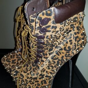 Brown Leopard Print Boot with Heel and Gold Spikes
